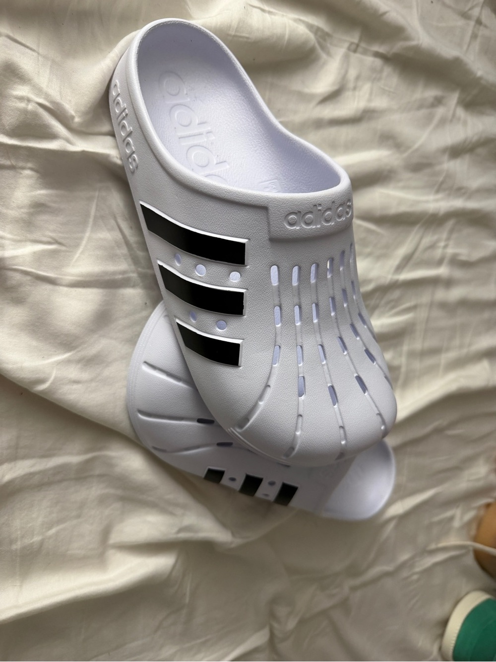 NWOT adidas White Slip-On Clog with Black Stripes